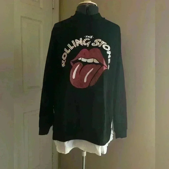 MISS LOOK BLACK LONG SLEEVE ROLLING STONE CREW TOP LARGE - Picture 2 of 6